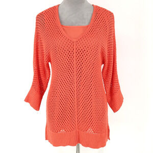 Chicos Sweater 0 Womens 4 Small Orange Fishnet Tunic Lined Rayon 3/4 Sleeve
